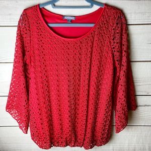 ROZ & ALI Women's Crochet Lace Top 3/4 Bell Sleeve Red-Medium